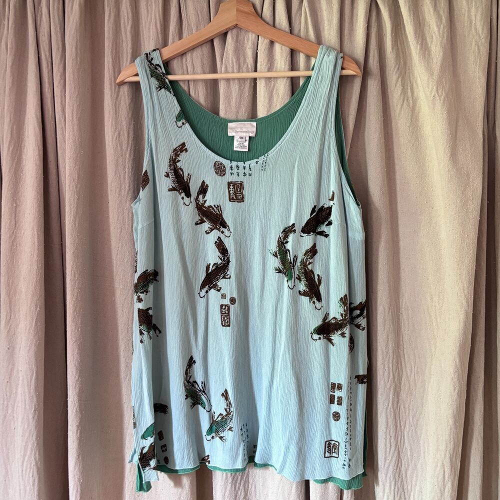 Soft Surroundings Blue Koi Fish Print Summer Tank Top XL Crinkle Gauze